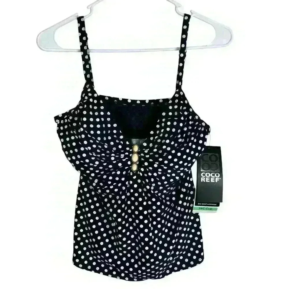 Coco Reef Women's Black White Polka‎ Dot Tankini Swim Top 34C